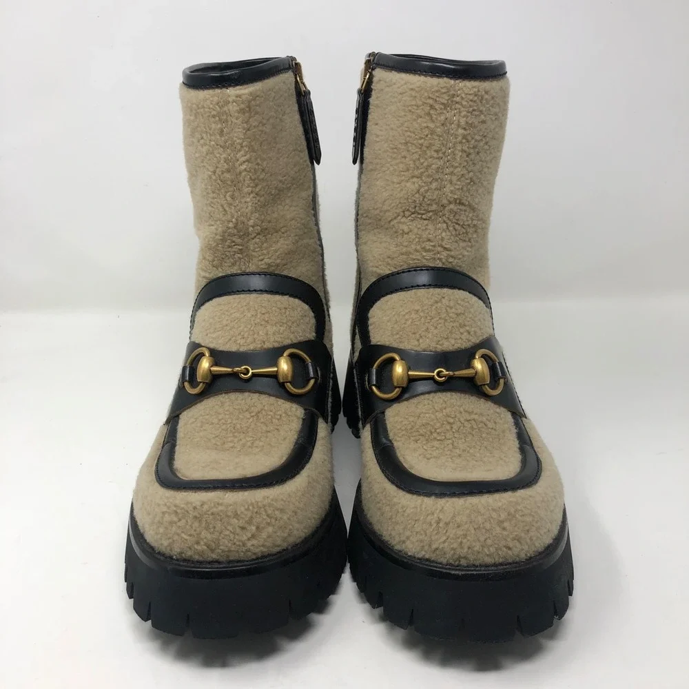 Gucci Ankle Shearling Combat‎ Boot Horsebit Womens 37.5 US 7.5 Beige Designer